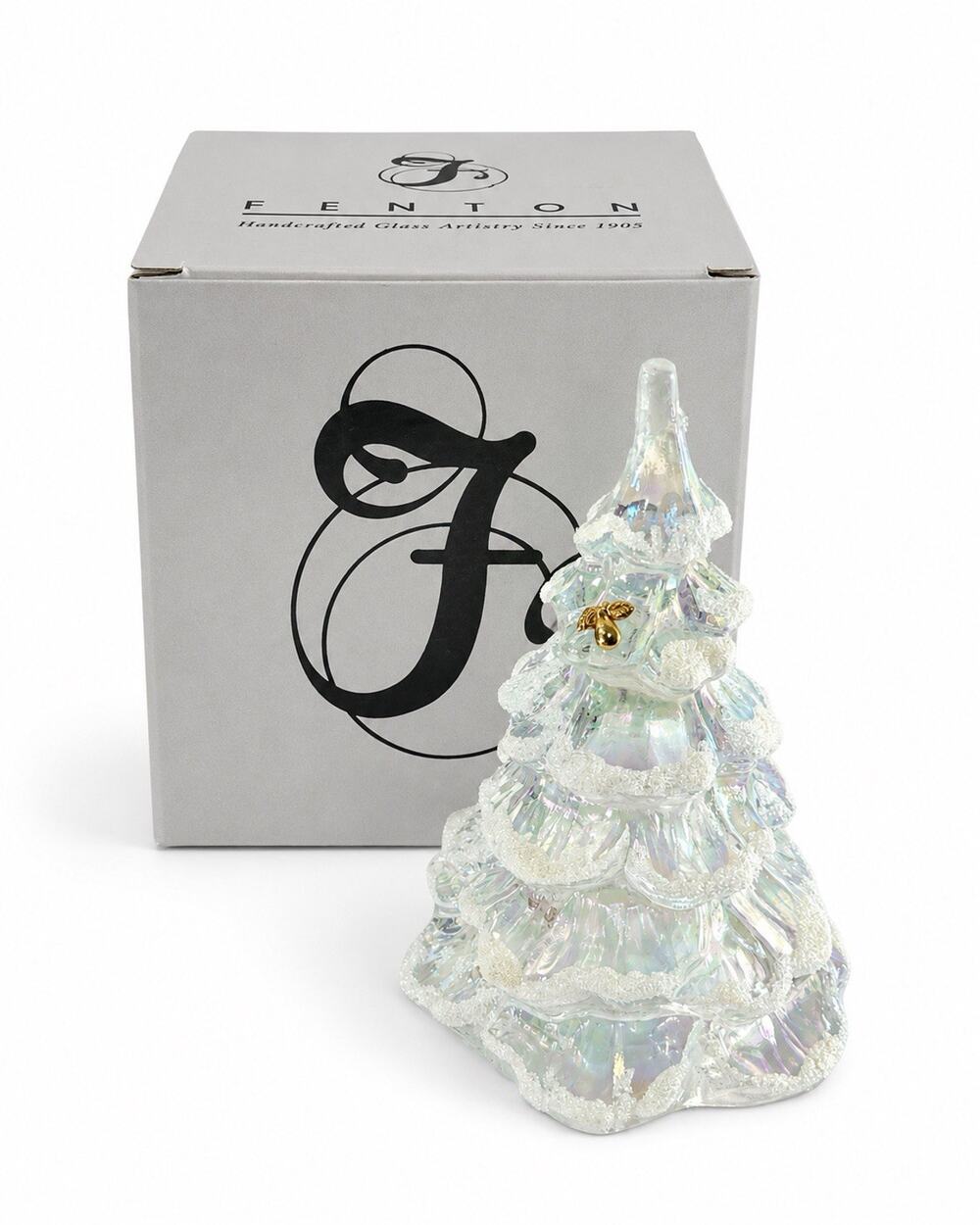 Fenton Art Glass Iridescent Christmas Tree Figurine Gold Accent 6” READ